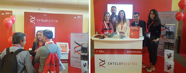 Nuestros expertos de Entelgy Digital en stand Red Hat Forum Madrid