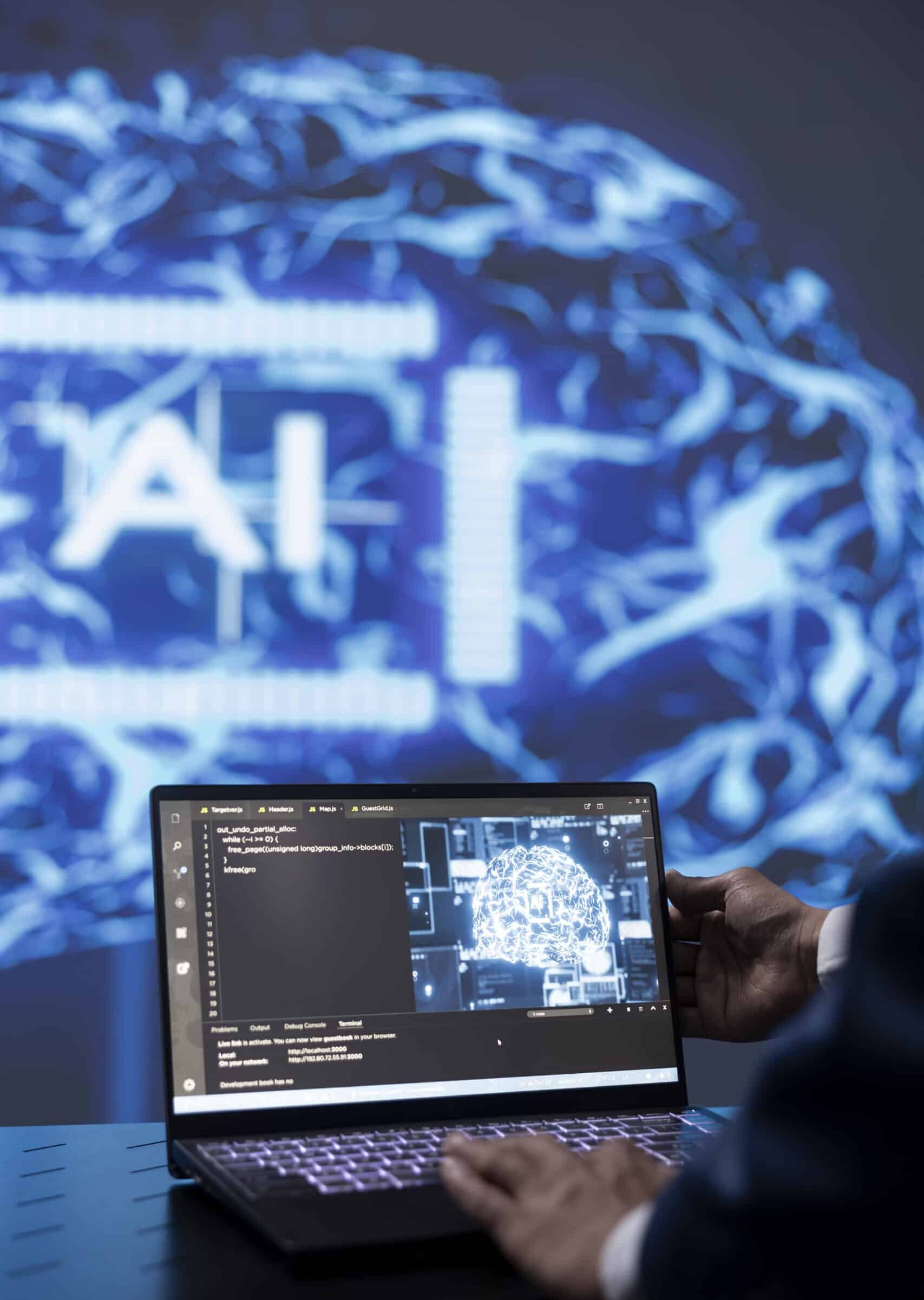 Admin at work running AI cognitive computing tech on laptop to simulate computerized model. Close up shot of worker typing code on notebook, using self learning algorithms to do data mining